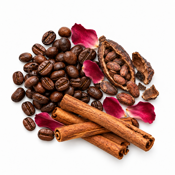 Coffee, cacao, cinnamon and rose petals